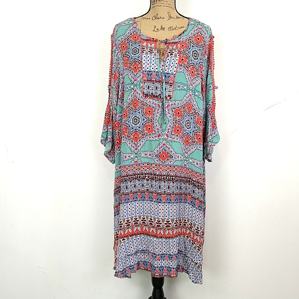 Democracy‎ Dress Women 2X Blue Teal Coral Boho Medallion Peasant Festival